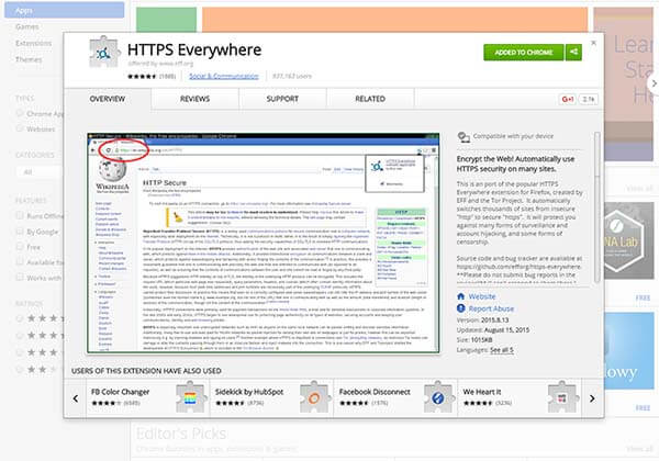 HTTPS Everywhere page on the Chrome store
