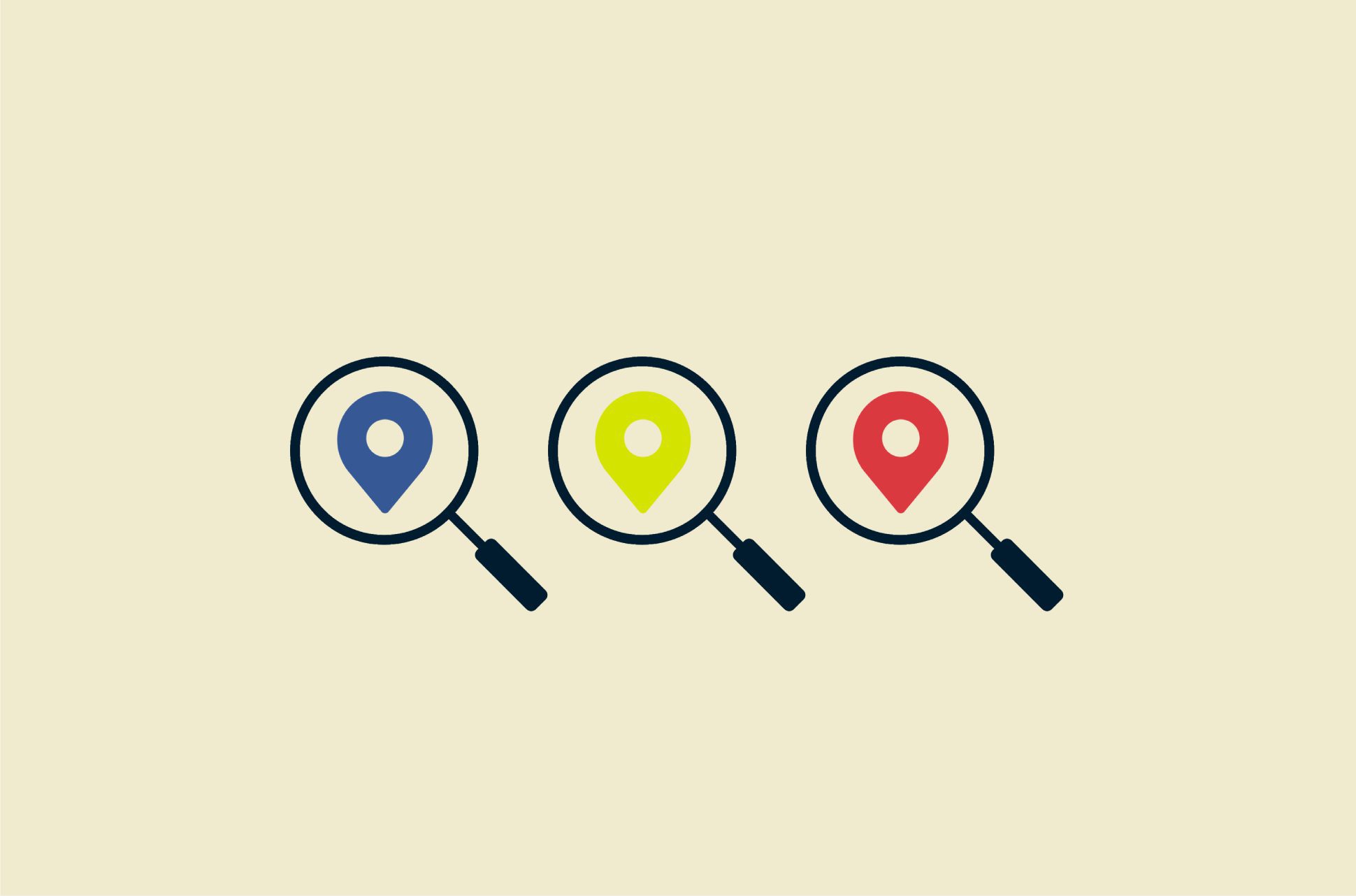 Magnifying glasses with primary colored map pins.