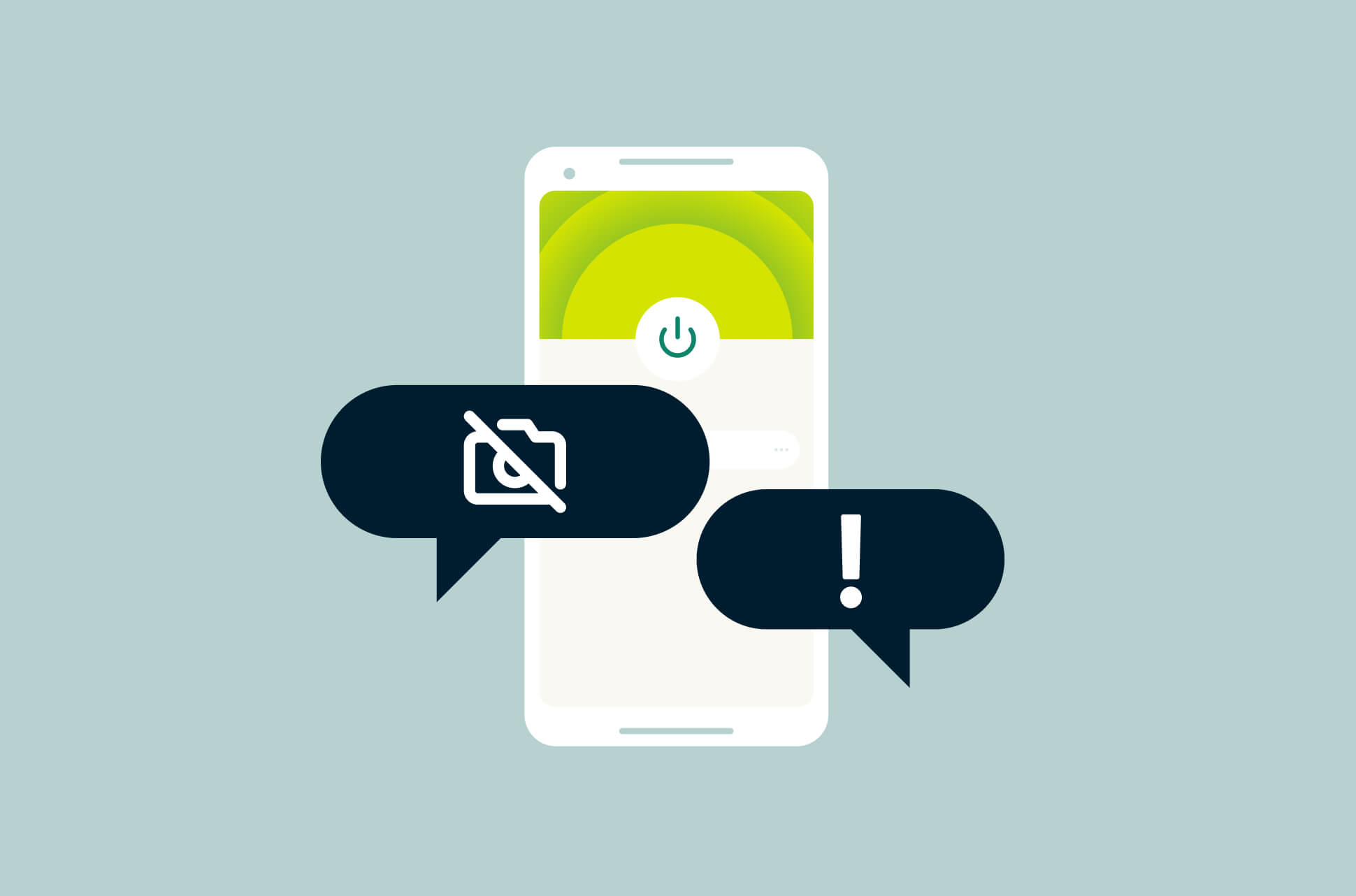 ExpressVPN on a phone with warnings and a crossed-out camera.