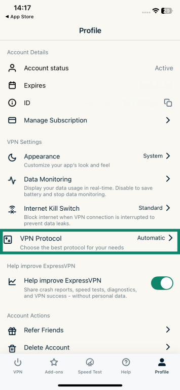 The Profile screen of the ExpressVPN iOS app, showing the VPN protocol option.