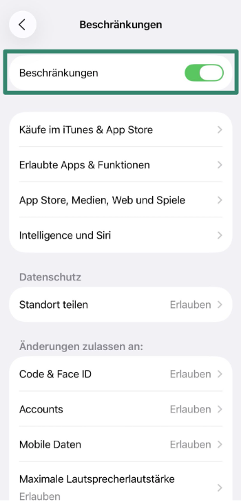 iOS screen showing Content & Privacy Restrictions toggled on.