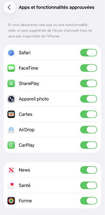Toggle settings for allowed apps and features on iPhone.