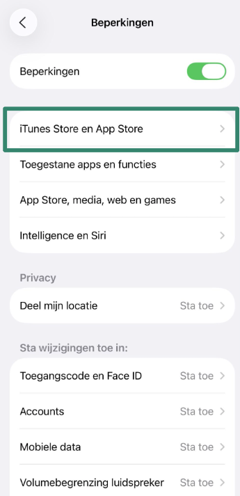 iOS screen showing iTunes & App Store Purchases option.