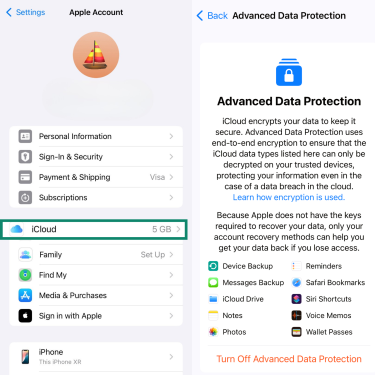 Two side-by-side iPhone screens showing the Advanced Data Protection information screens in iPhone settings. It explains that the feature provides end-to-end encryption for iCloud and lists the data types it protects, including iCloud Drive, Notes, and Photos.