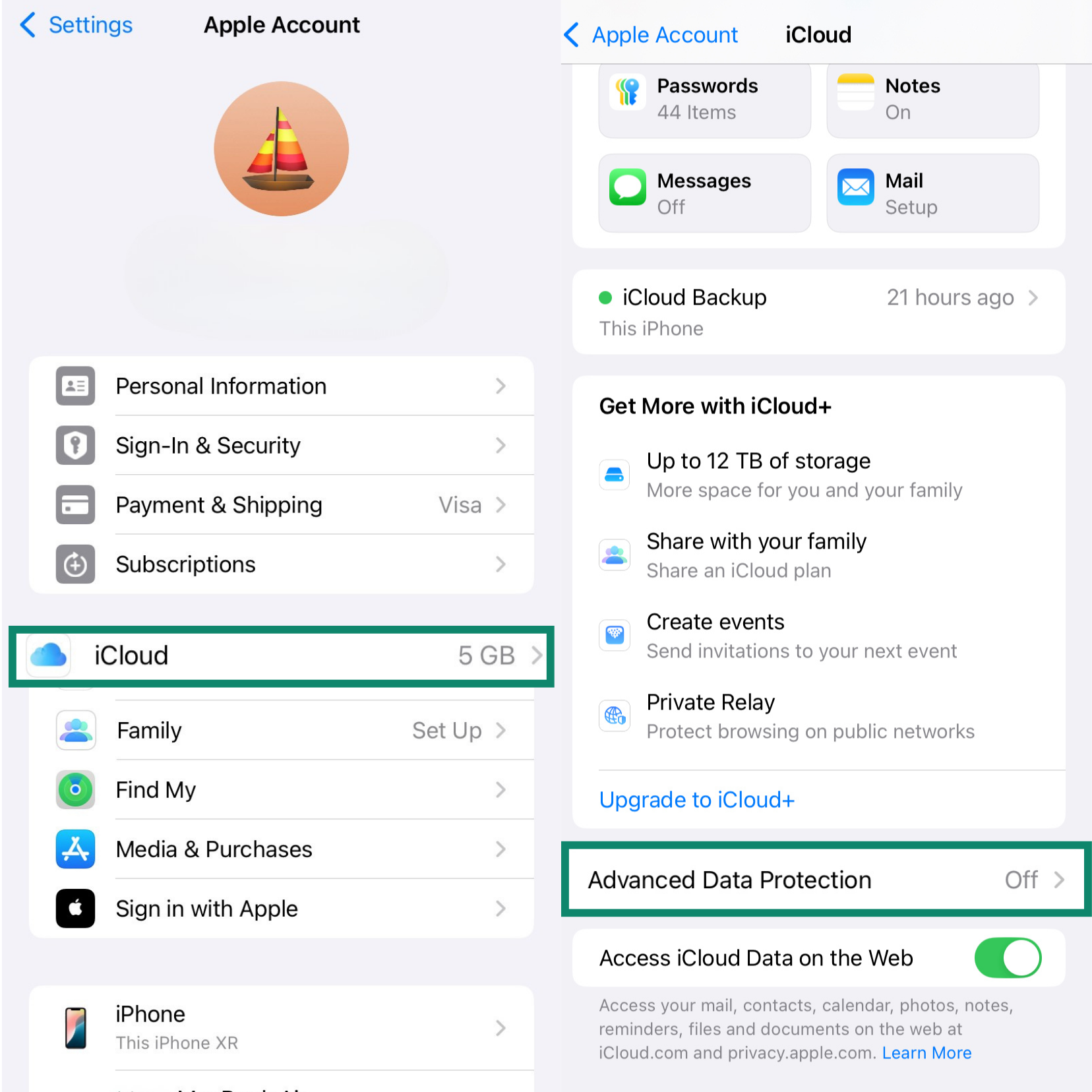 iPhone screens showing how to find the Advanced Data Protection setting. After selecting 'iCloud' from the Apple Account menu, the 'Advanced Data Protection' option is highlighted, showing its status as ready to be turned on.