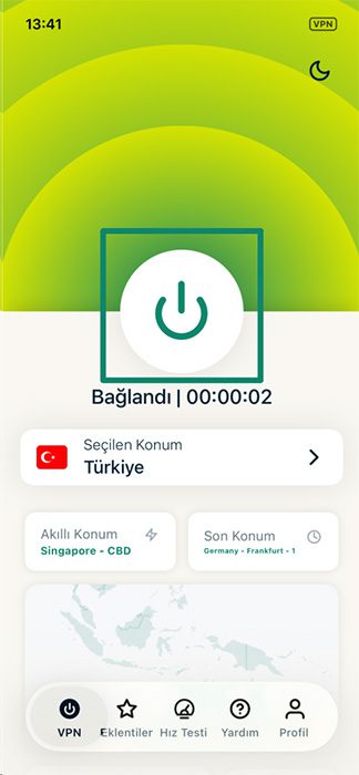 ExpressVPN's home manu with an active connection.