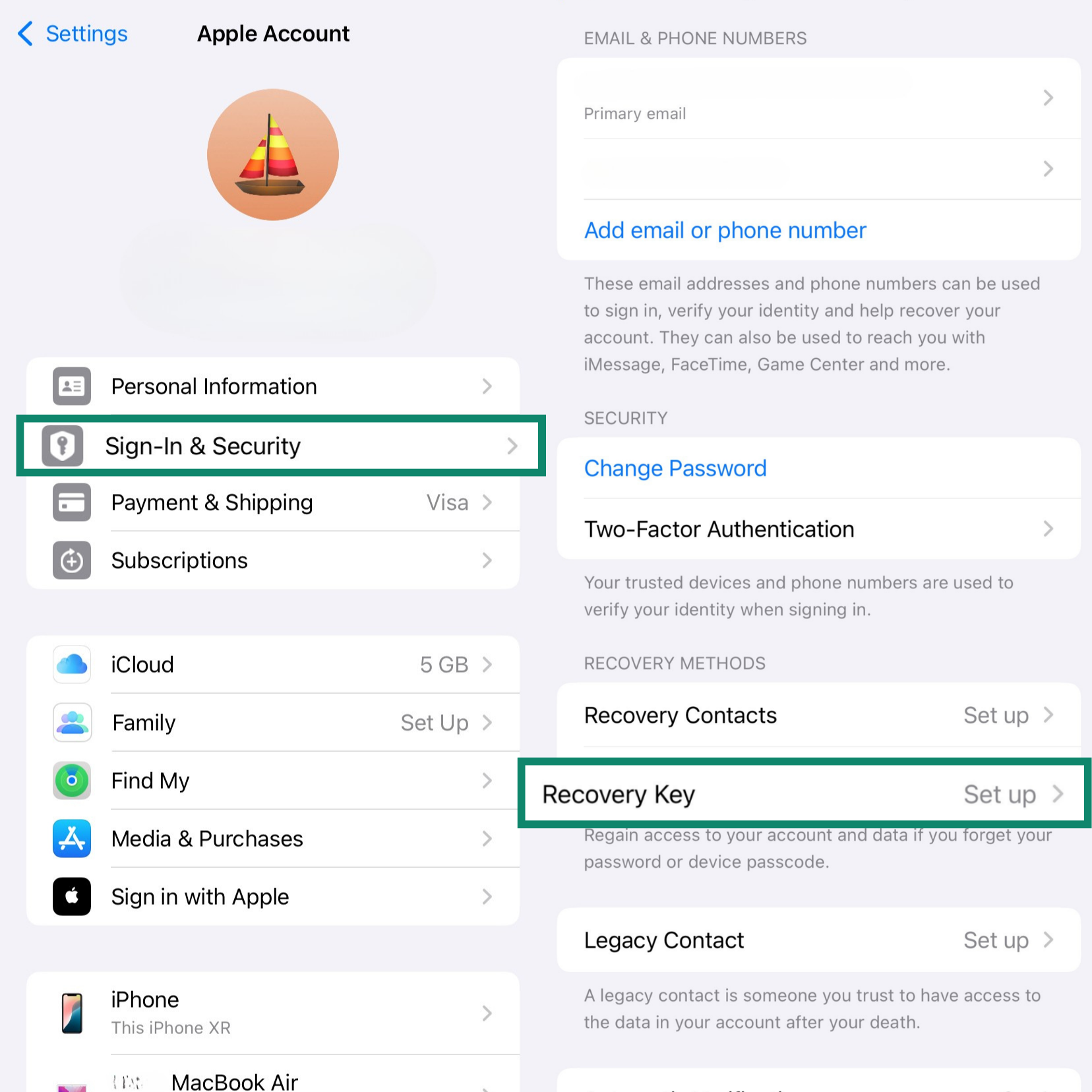 Two side-by-side screenshots of iPhone's Apple Account settings, with the ‘Sign-In & Security’ and ‘Recovery Key’ options highlighted.