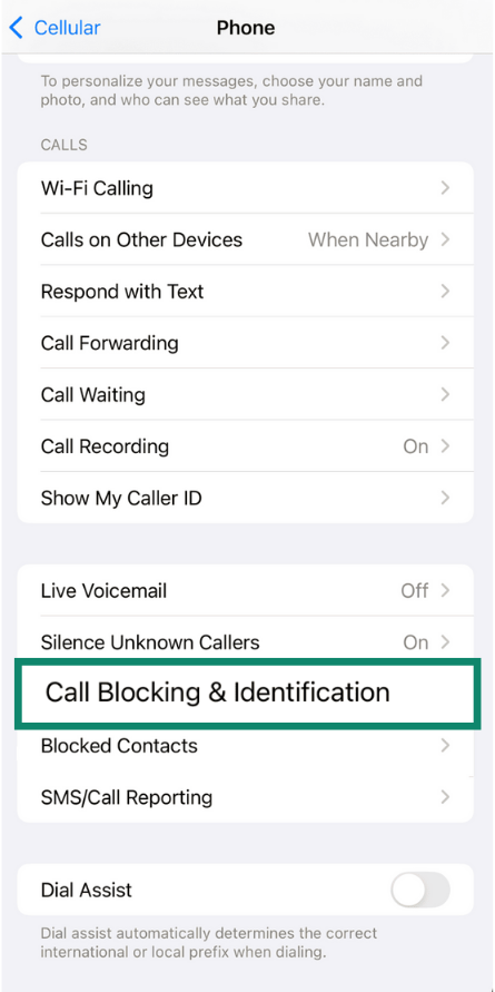 iPhone phone settings with the “Call Blocking & Identification” option highlighted.