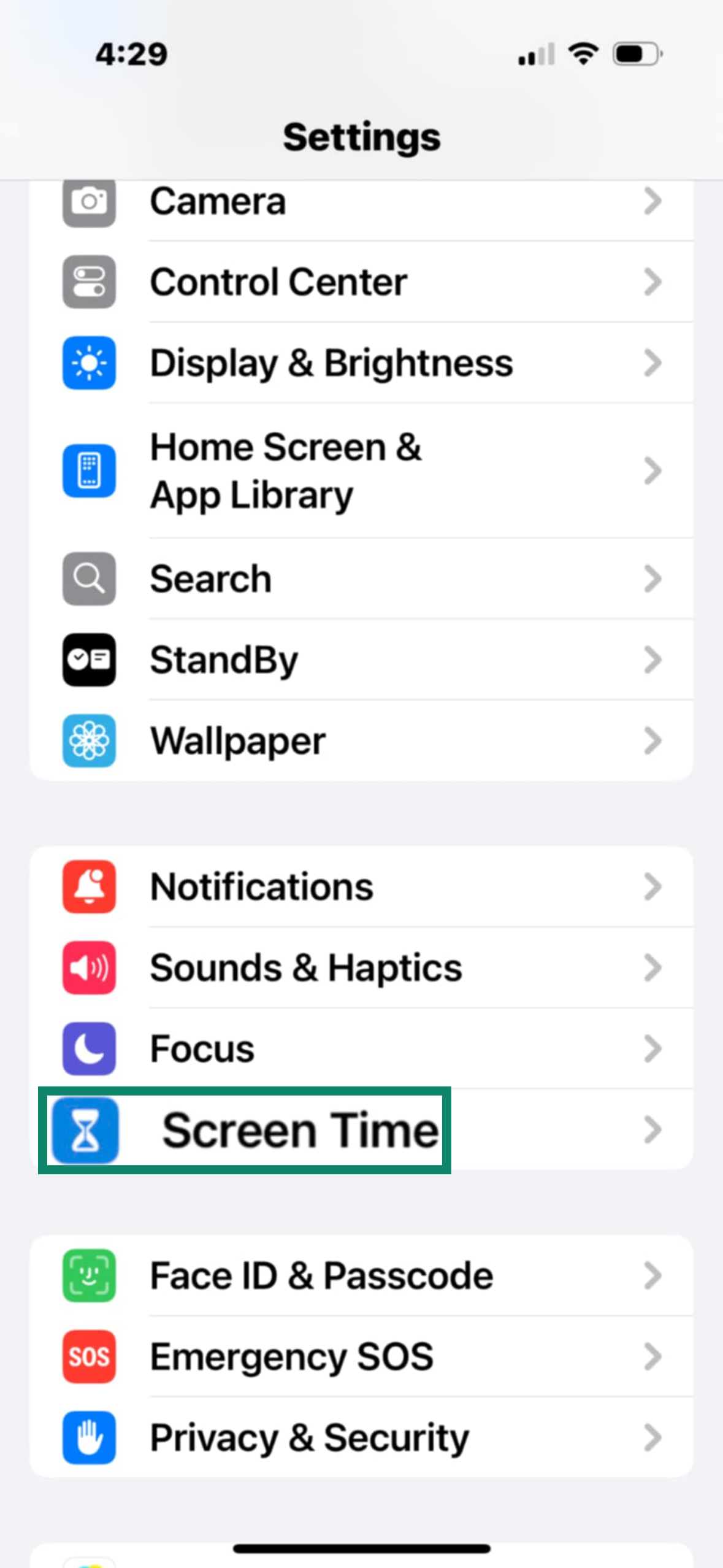 iPhone settings menu with Screen Time highlighted.