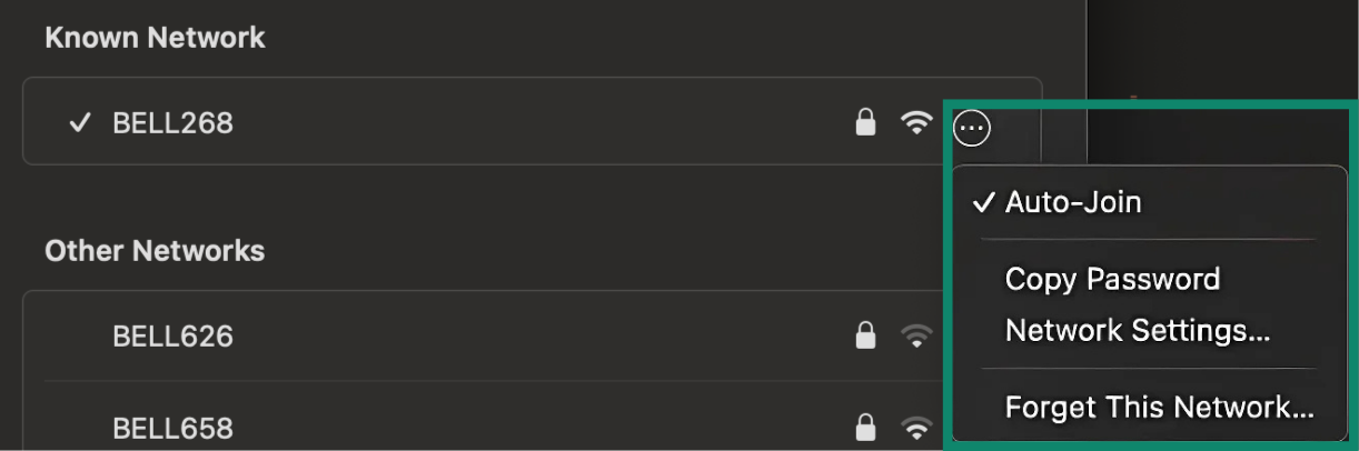 Mac Wi-Fi tab with the auto-connect settings for a Known Network highlighted.