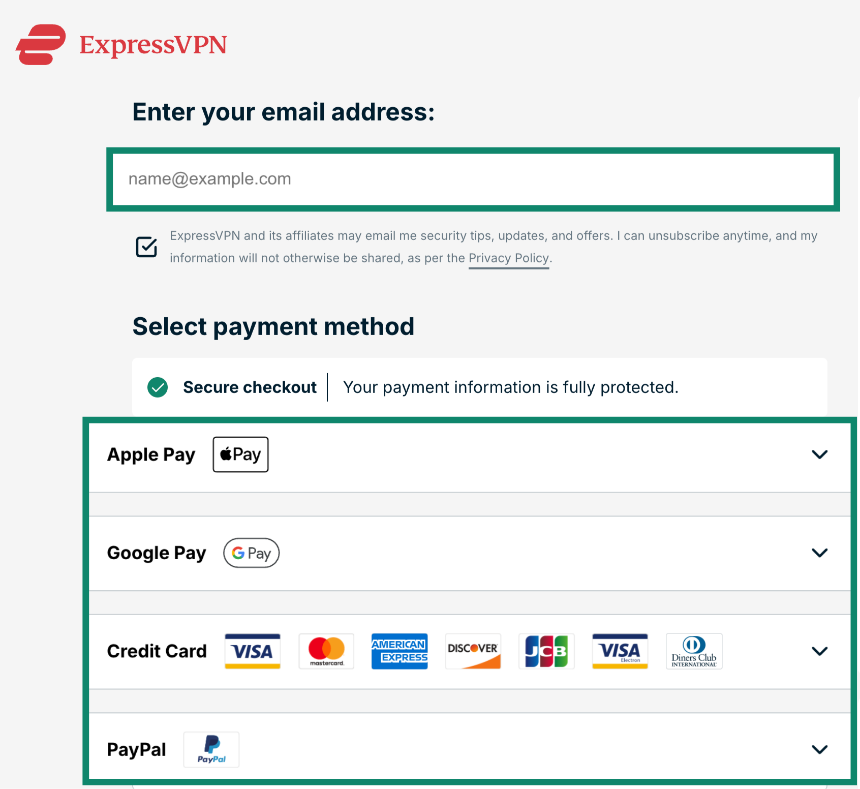 ExpressVPN's signup page with the email and payment methods highlighted.