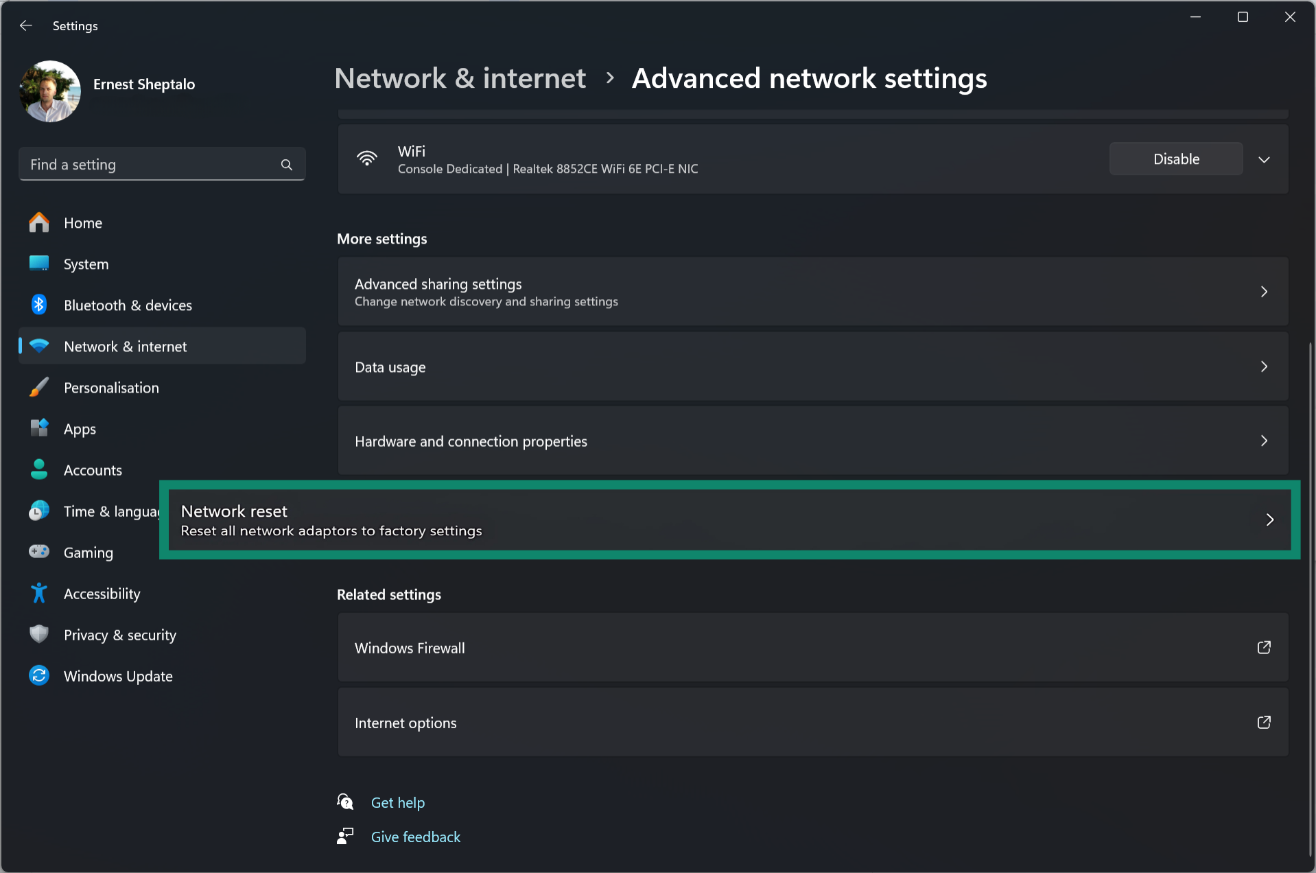 In Advanced network settings, select the Network reset feature.