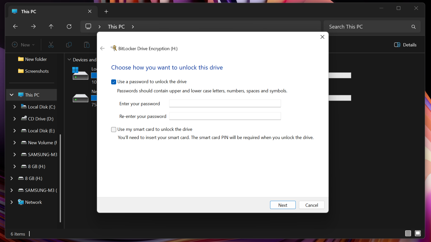 BitLocker screen for setting an encryption password.