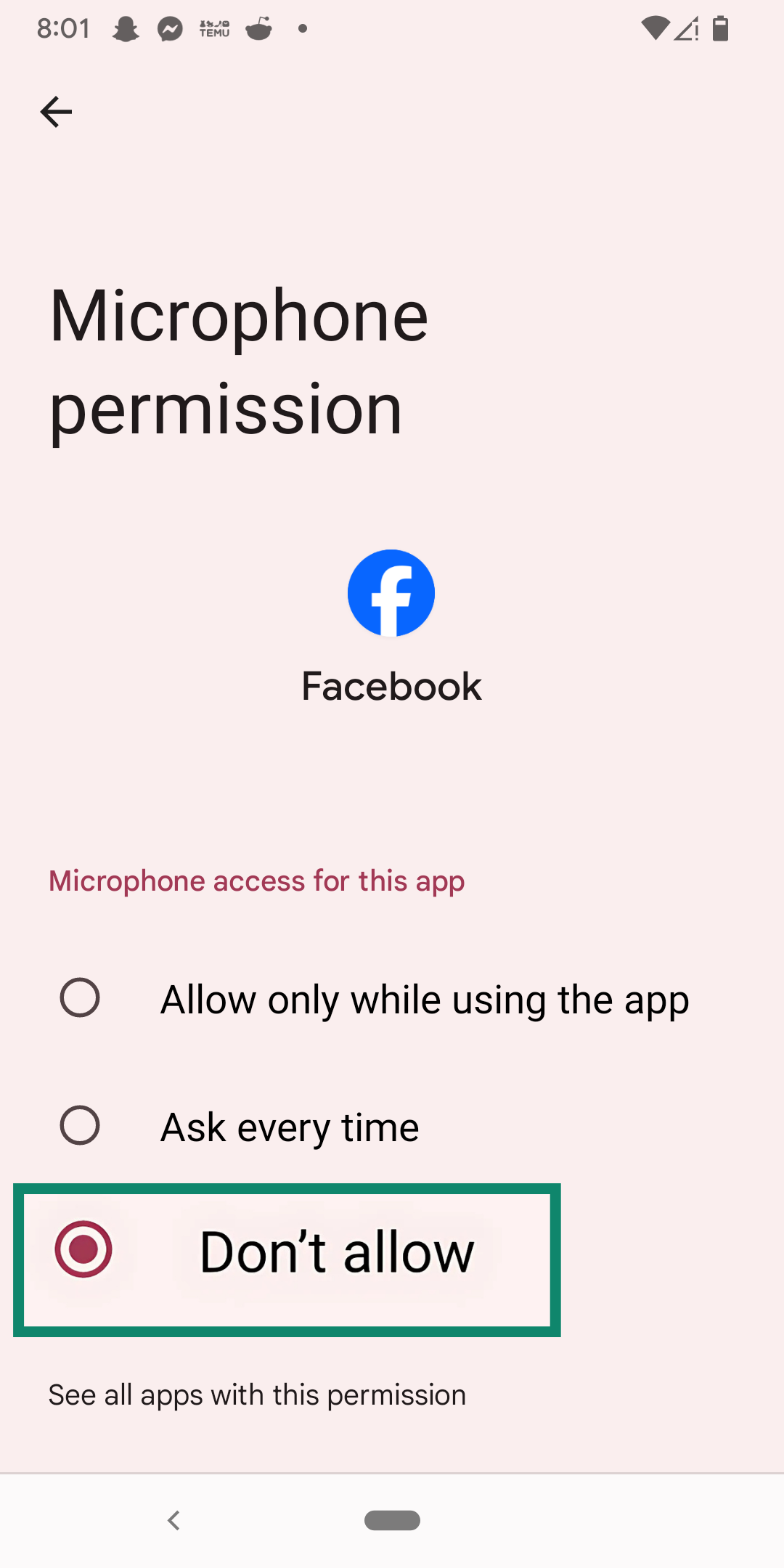 Choosing Don't allow in Facebook microphone permissions.