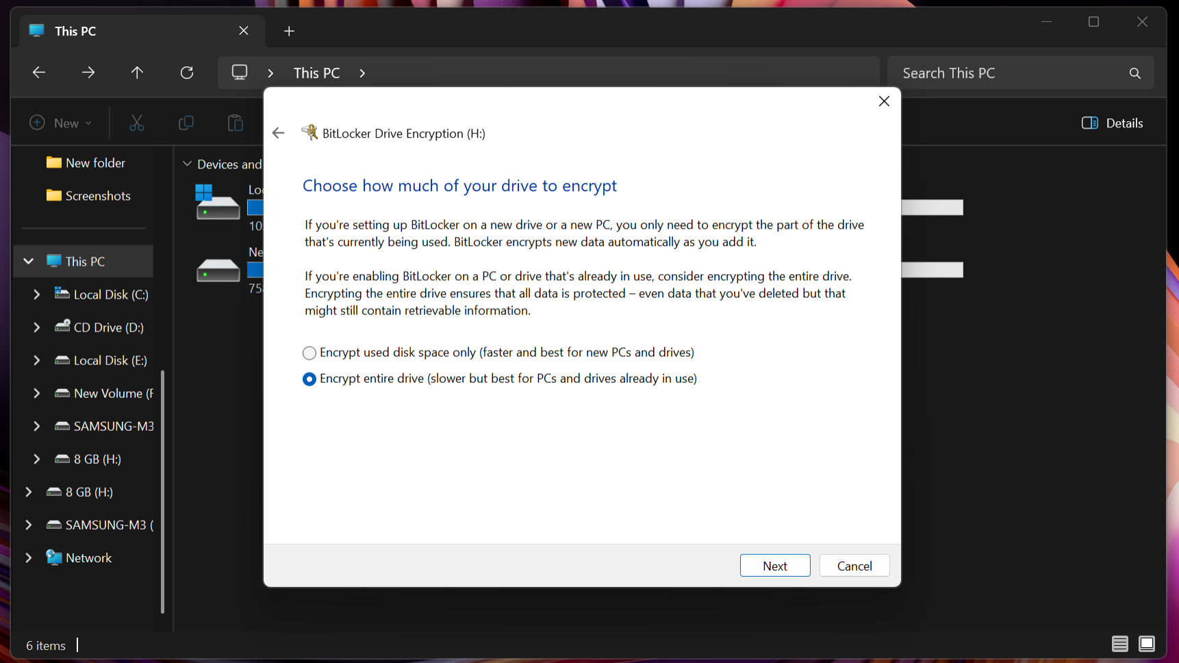 BitLocker screen for choosing how much of the drive to encrypt.