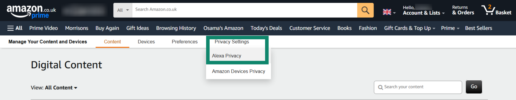 Opening Alexa Privacy settings in the Amazon website.