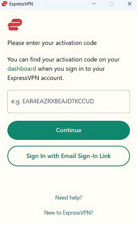ExpressVPN setup window prompting the user to enter an activation code.