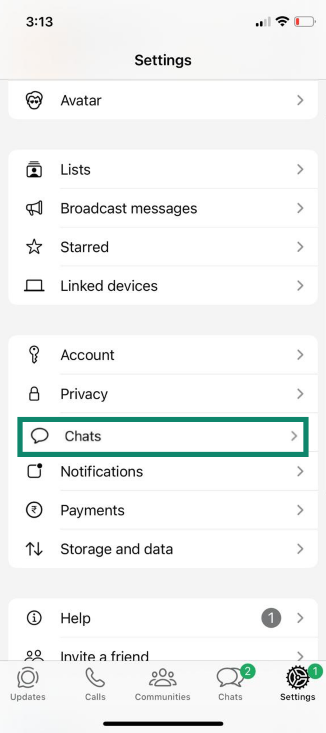WhatsApp Settings menu on iPhone with Chats option highlighted
