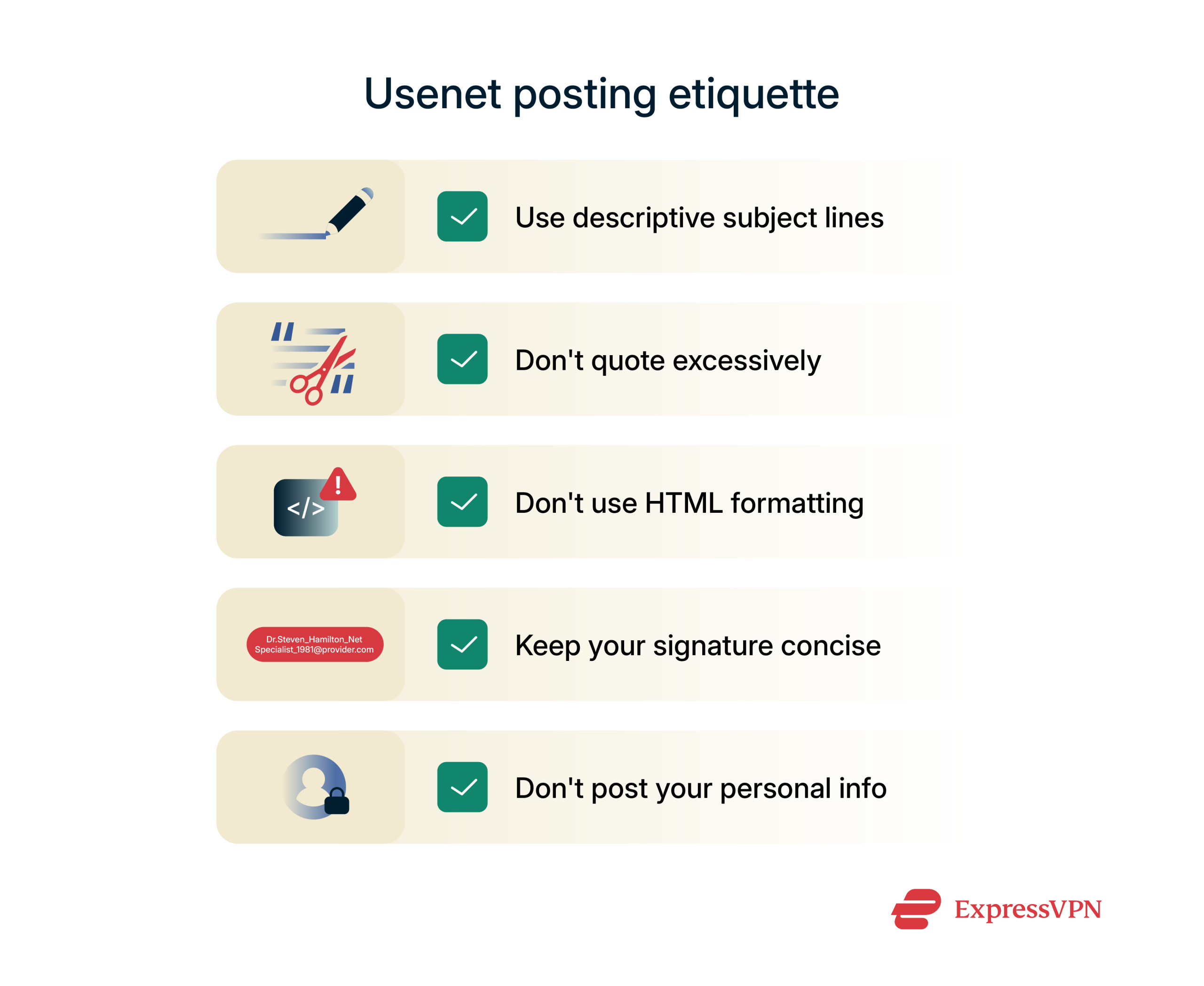 Checklist of best practices when posting on Usenet.