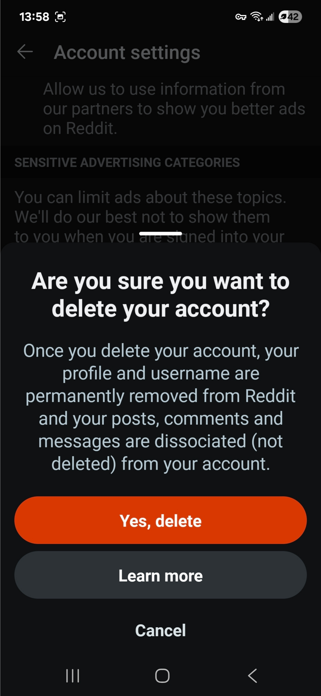 Reddit Android app final account deletion screen.