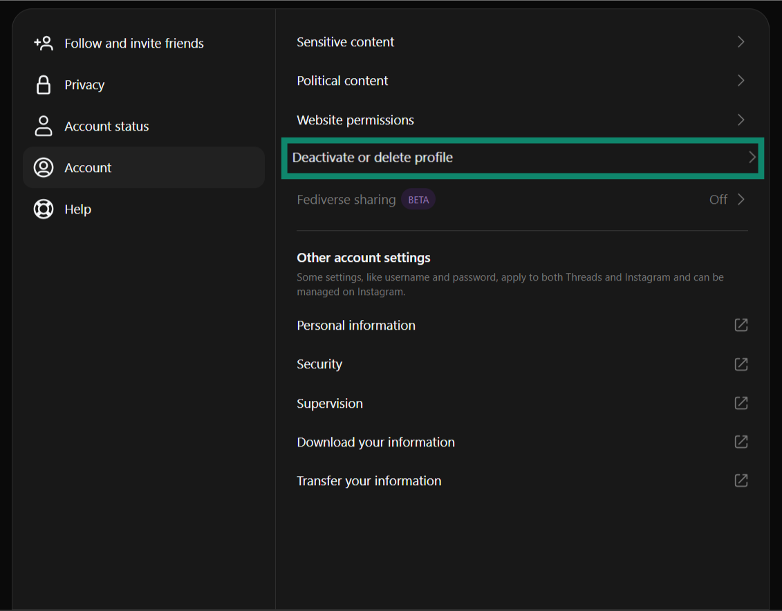 Threads Deactivate or delete profile option in settings on desktop.