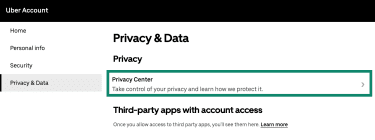 Uber desktop privacy and data settings with the privacy center selected.