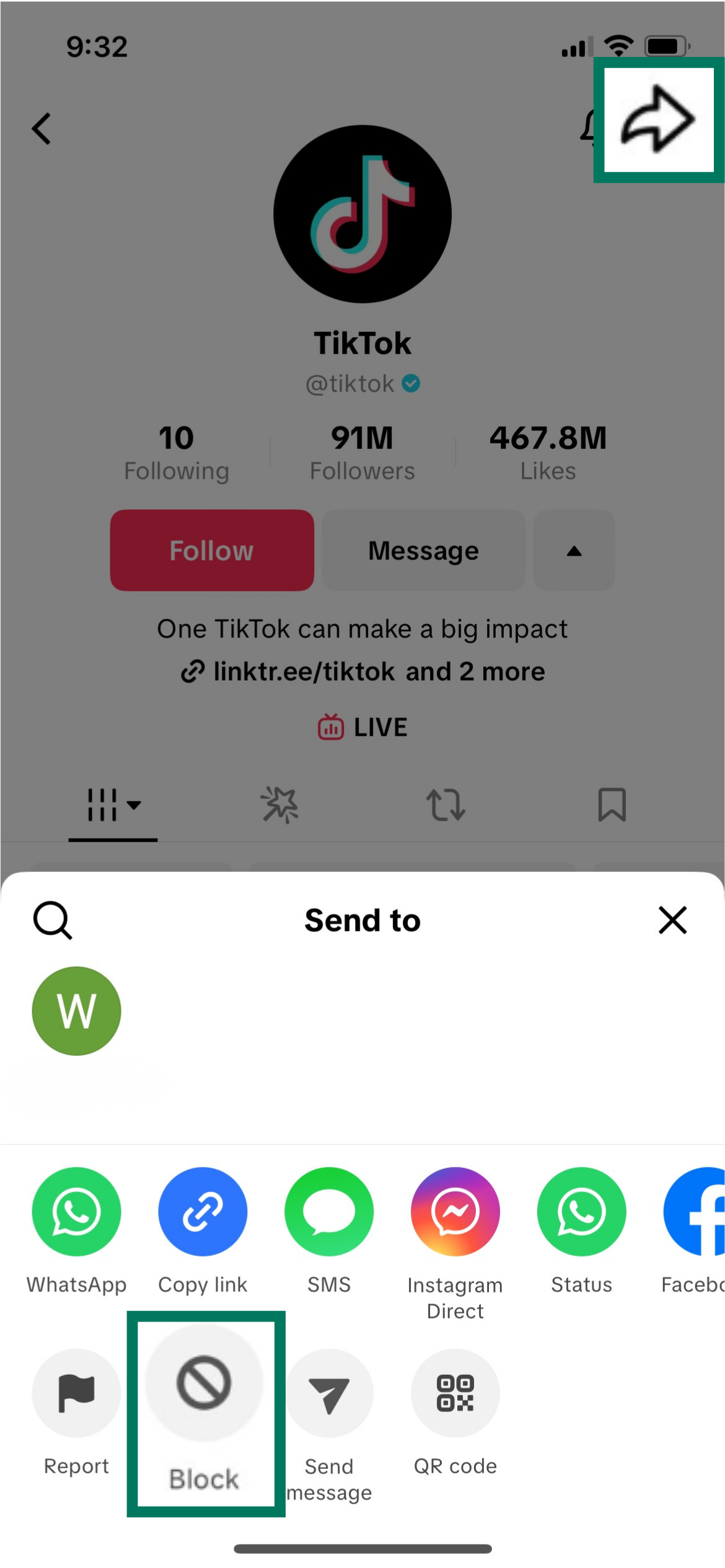 TikTok profile share menu on iPhone with the Block option highlighted in the action row.