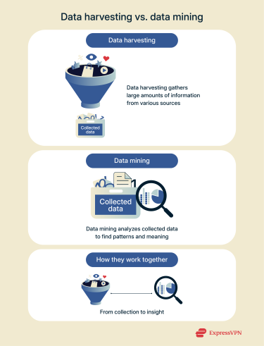 An overview of how data harvesting collects raw information and data mining analyzes it to reveal useful insights.