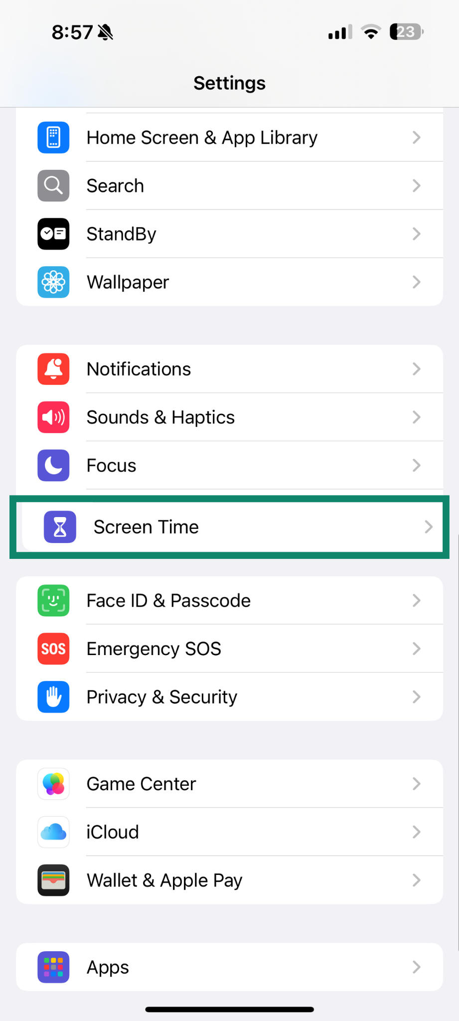 iPhone Settings showing Screen Time option highlighted.