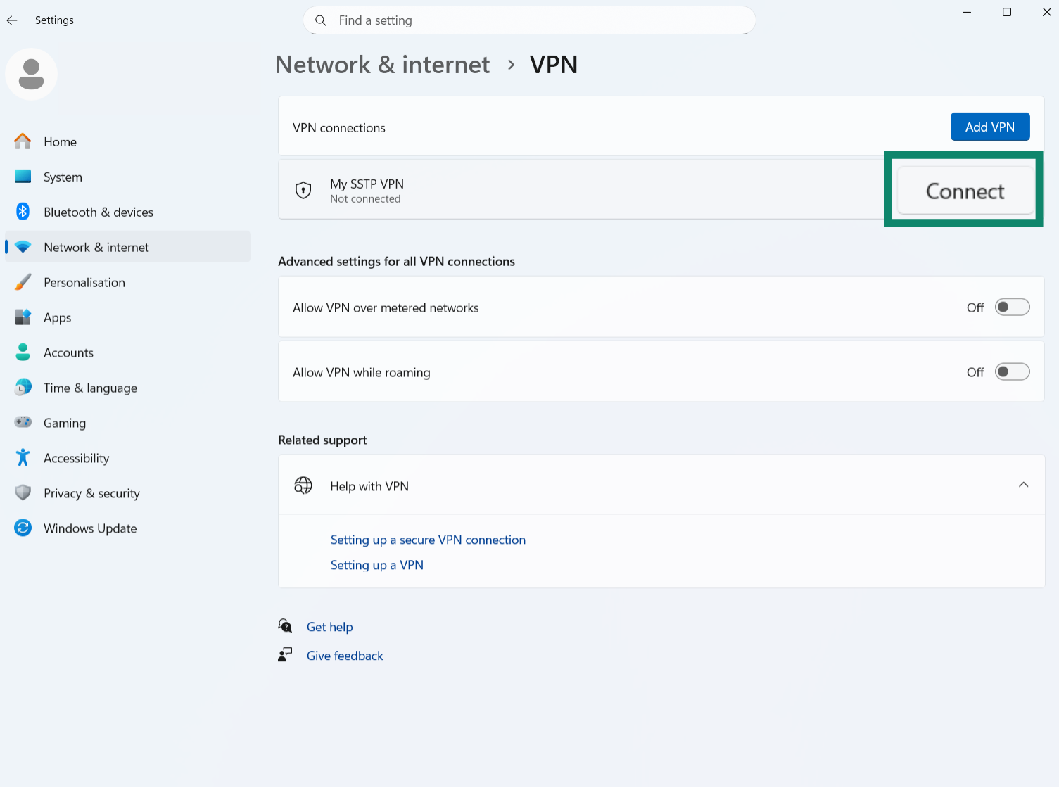 A screenshot of the Windows VPN settings screen, showing the button to connect to an SSTP VPN.