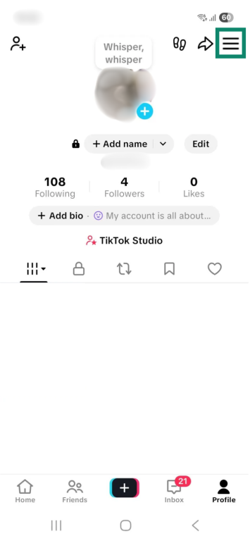The TikTok profile page. The three-line menu icon in the top right corner is enlarged and highlighted.