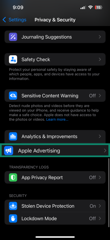 Screenshot of the iPhone Privacy & Security menu with the “Apple Advertising” option highlighted.