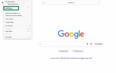 Safari menu showing Settings option highlighted on Mac.