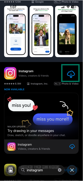 App Store page showing the Instagram app with the option to download it.