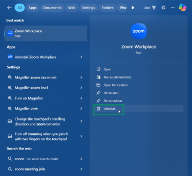 Zoom's app appearing in the Windows search bar