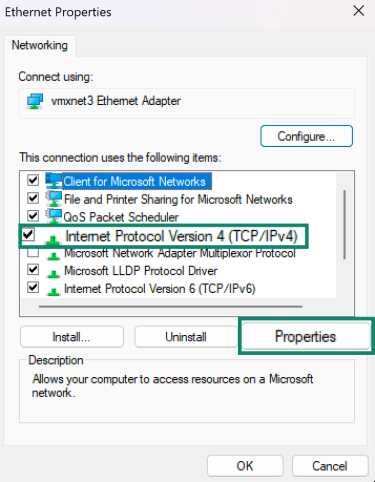Selecting IPv4 and clicking Properties in network adapter settings.