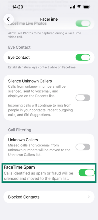iOS26 FaceTime settings with FaceTime Spam filter highlighted.