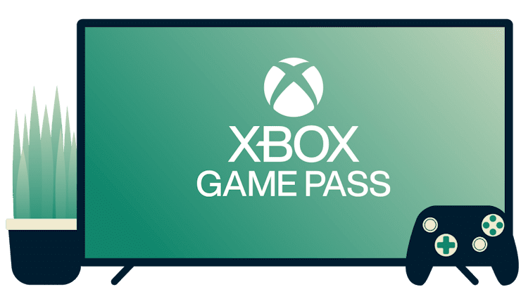 Screen with Xbox Game Pass logo, controller, and plant
