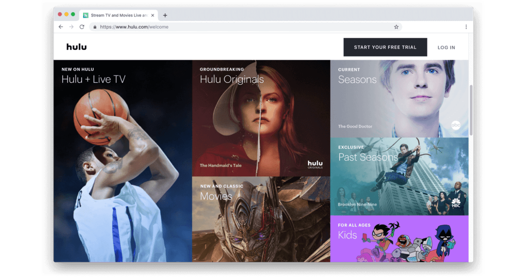 Hulu-Willkommensbildschirm mit Bildern von Shows.