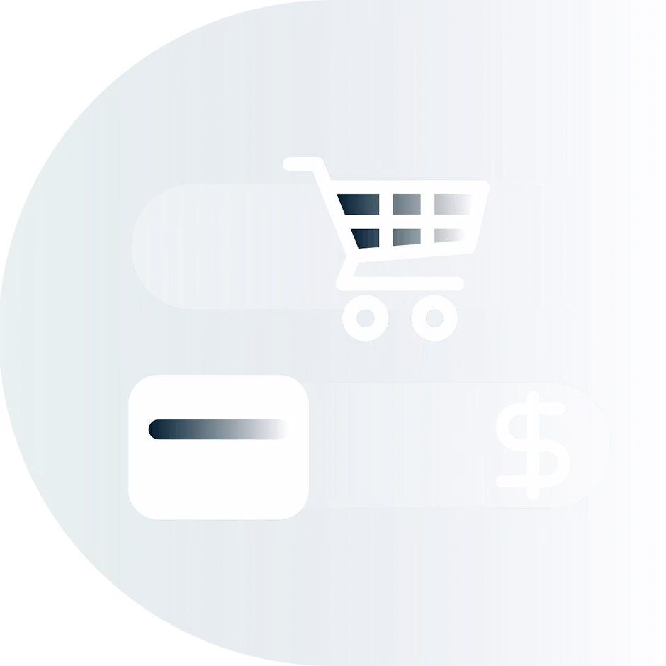 Un carrito de compras, una tarjeta de crédito y un símbolo de moneda.