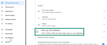Pop-ups and redirects settings in Chrome.