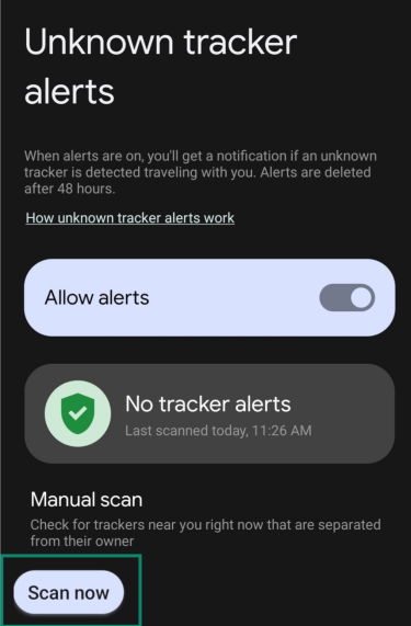 Screenshot of the Unknown tracker alert options page on Android with the Scan now button highlighted.