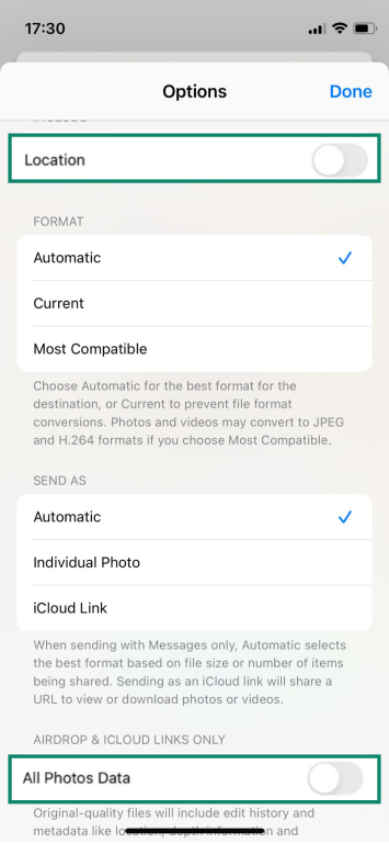 The Options screen for an iPhone image, showing the Location and All Photos Data settings toggled off.