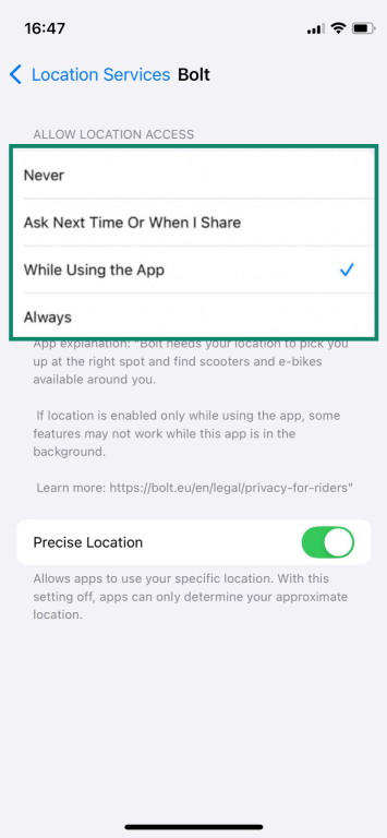 The iPhone Location Services options—Never, Ask Next Time Or When I Share, While Using the App, or Always.