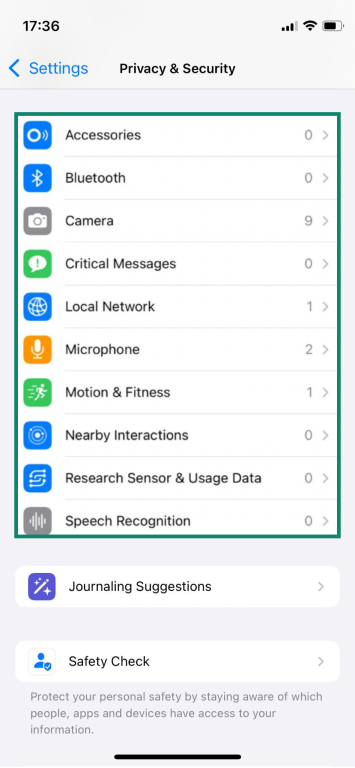The Privacy & Security settings page of an iPhone, showing various app permission options.