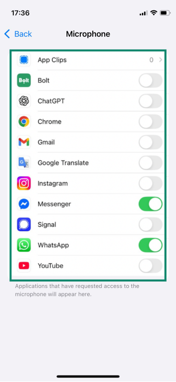The Microphone permissions page of the iPhone settings, showing a list of apps that can access the microphone.