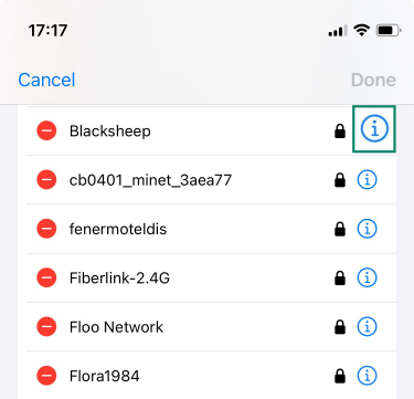 The list of available Wi-Fi networks on an iPhone.