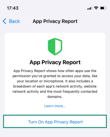 The App Privacy Report page on an iPhone, showing the option to turn on the report feature.