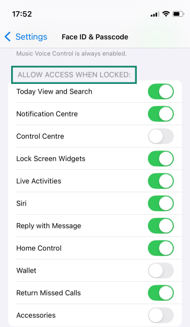 The Face ID & Passcode settings page on iPhone, highlighting how users can toggle various features on and off when the device is locked.