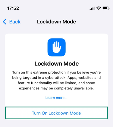 The Lockdown Mode activation screen on an iPhone. 